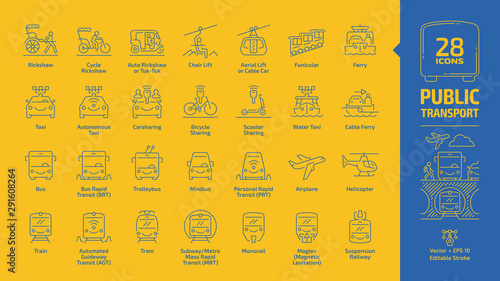 Public transport outline icon set on a yellow background with urban, inter city & international passenger vehicles editable stroke blue line signs: bus, van, car, train, airplane, ferry, bicycle, taxi