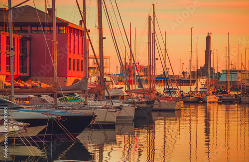 Bild auf Leinwand Panoramic view of old port of Genoa at sunset, Liguria, Italy