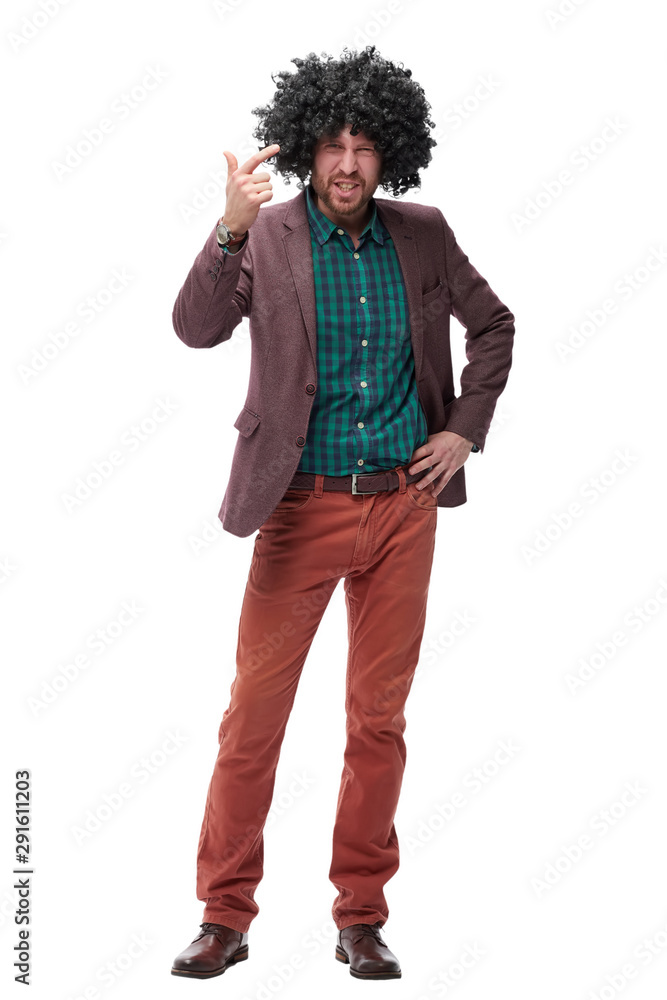 funny modern guy in a wig . photo with copy space funny modern guy in a wig . photo with copy space