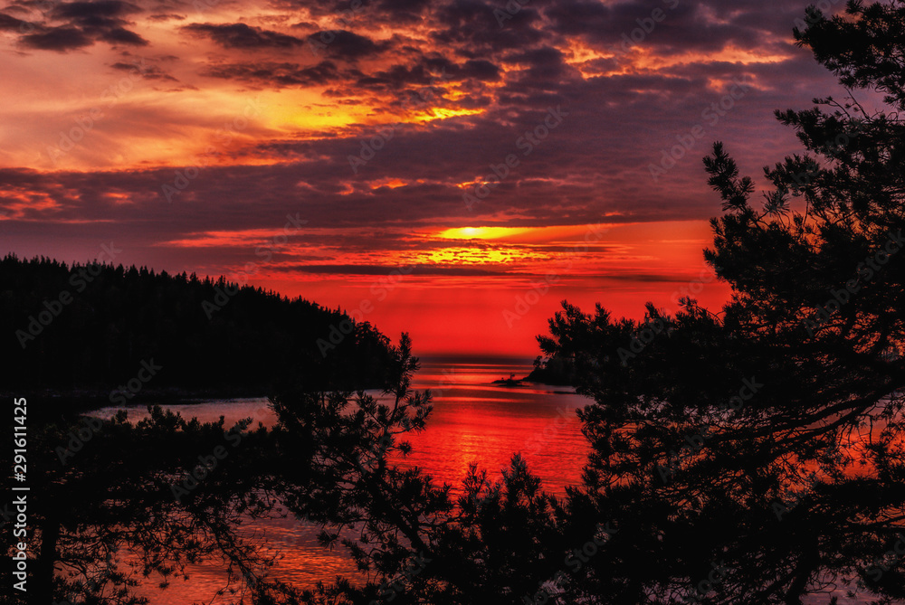 Sunset landscape on Lake Ladoga.