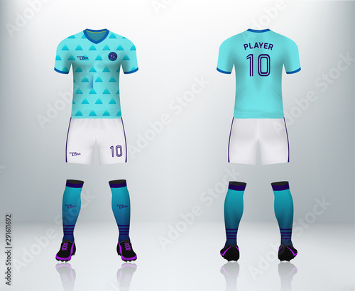 3D realistic mock up of front and back of blue soccer jersey t-shirt with pants and socks. Concept for football team uniform or apparel mockup template in design vector illustration