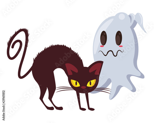 halloween cat mascot with ghost