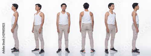 Collage pack group of Asian Teenager man express many acting posing in full length snap body. Studio lighting white background isolated. rear side back view 360