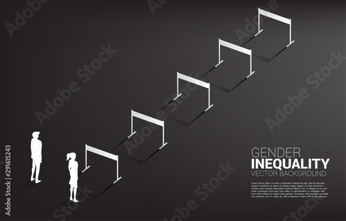 Silhouette businesswoman standing with with hurdles obstacle and businessman . Concept of gender inequity in business and obstacle in woman career path