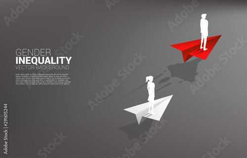 Silhouette businessman standing on faster paper airplane . Concept of gender inequity in business and obstacle in woman career path