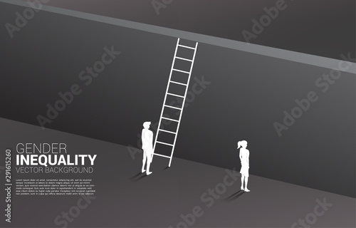 Silhouette businessman standing with with ladder to climb to wall and businesswoman . Concept of gender inequity in business and obstacle in woman career path