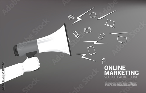 Silhouette businessman hold megaphone with mobile and media icon. Concept for announcement and digital marketing.