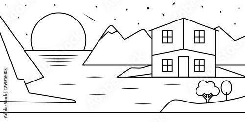 Landscape mountain isle house trees moon night illustration