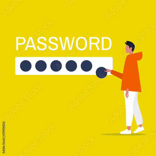 Cyber security. Young male character entering a password. User access to account. Flat editable vector illustration, clip art