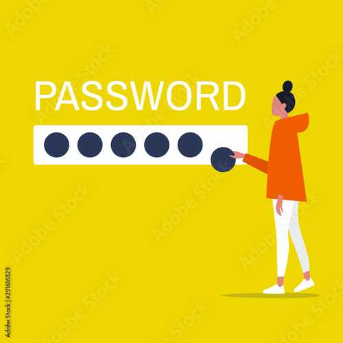 Cyber security. Young female character entering a password. User access to account. Flat editable vector illustration, clip art