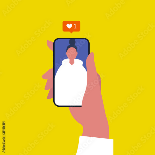 Social media reactions: pop up like window. SMM. Content. Young female Internet user. Hand holding a smartphone. Flat editable vector illustration, clip art