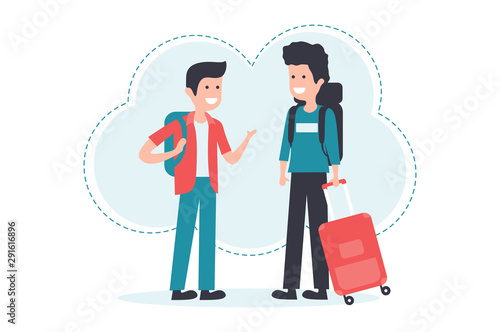  Two young men talking each other while waiting in airport vector illustration