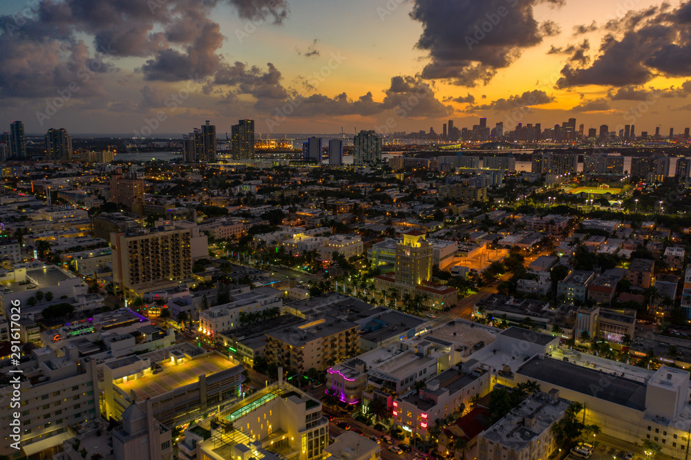 Evening in Miami Beach aerial arrival world famous travel destination