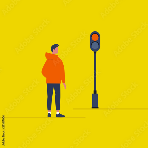 Traffic light. Young male pedestrian waiting on a crosswalk. Safety. Stop signal. Flat editable vector illustration, clip art