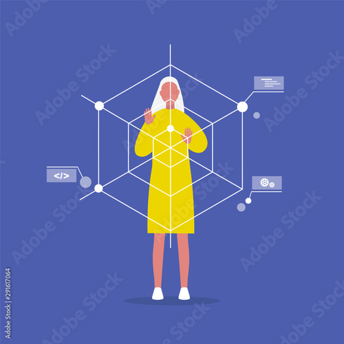 Web Development. Augmented reality. Young female engineer working with data. Programming. Flat editable vector illustration, clip art