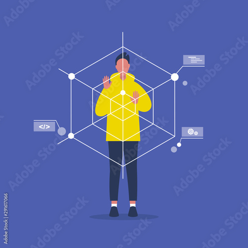 Web Development. Augmented reality. Young male engineer working with data. Programming. Flat editable vector illustration, clip art
