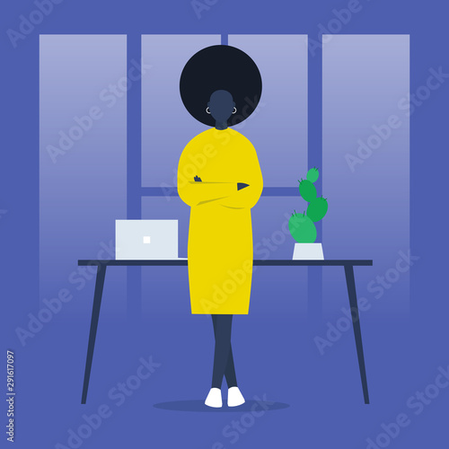 Young CEO of a company. Black female character leaning on a desk. Office life. Marketing. Management. Flat editable vector illustration, clip art