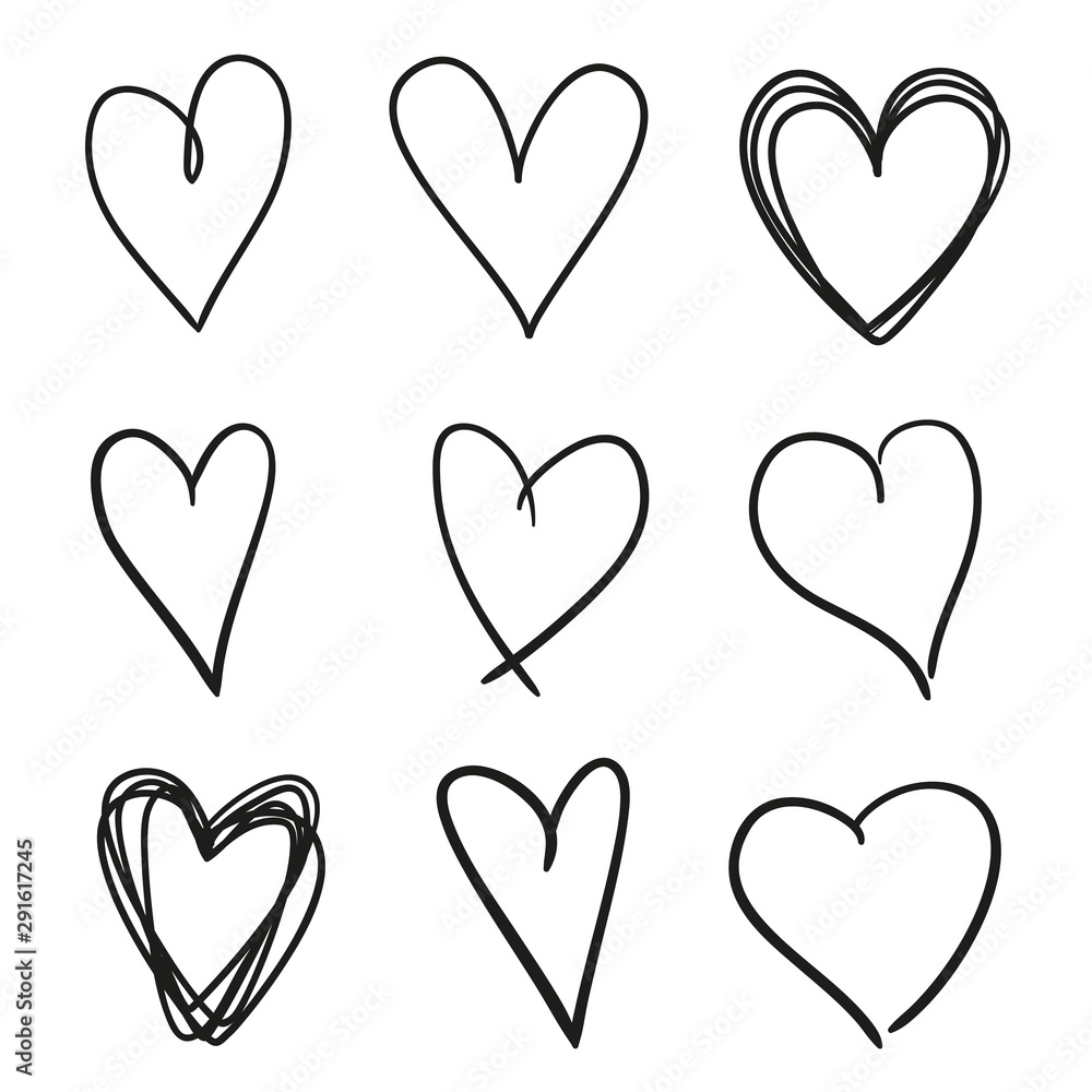 Hand drawn grunge hearts on isolated white background. Set of love signs. Unique image for design. Black and white illustration