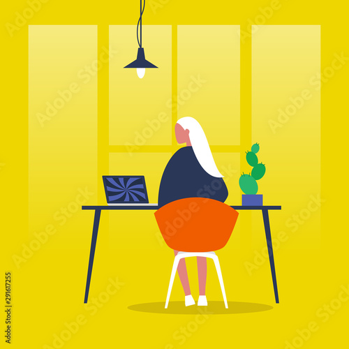 Office life. Young female character staring into monitor. Hypnotic pattern. Digital addiction. Modern millennial lifestyle. Flat editable vector illustration, clip art