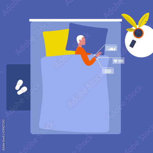 Young male character sleeping in a green bed