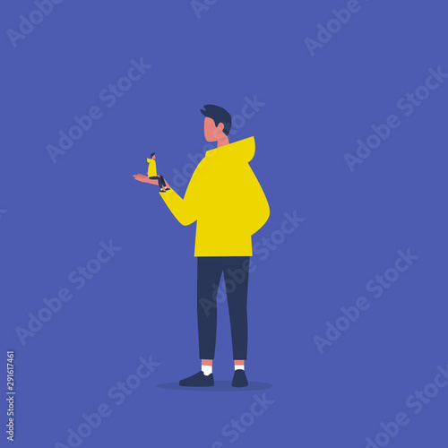 Who am I. Introspection. Mindfulness. Inner self. Young character holding a small copy of himself on a palm of a hand. Psychological issues. Modern lifestyle