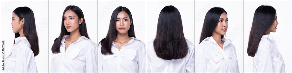 Fashion Young thin Asian Woman Tan skin eyes brown long straight black hair beautiful make up fashion white shirt posing attractive glam look. Studio Lighting white isolated Background, copy space 360 Fashion Young thin Asian Woman Tan skin eyes brown long straight black hair beautiful make up fashion white shirt posing attractive glam look. Studio Lighting white isolated Background, copy space 360