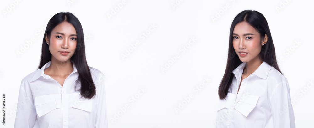Fashion Young thin Asian Woman Tan skin eyes brown long straight black hair beautiful make up fashion white shirt posing attractive glam look. Studio Lighting white isolated Background, copy space 360 Fashion Young thin Asian Woman Tan skin eyes brown long straight black hair beautiful make up fashion white shirt posing attractive glam look. Studio Lighting white isolated Background, copy space 360
