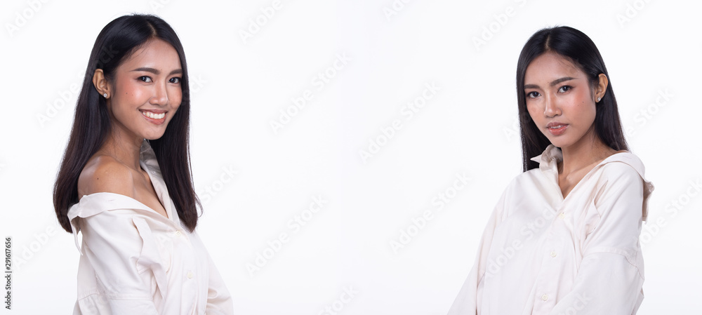 Fashion Young thin Asian Woman Tan skin eyes brown long straight black hair beautiful make up fashion white shirt posing attractive glam look. Studio Lighting white isolated Background, copy space 360 Fashion Young thin Asian Woman Tan skin eyes brown long straight black hair beautiful make up fashion white shirt posing attractive glam look. Studio Lighting white isolated Background, copy space 360