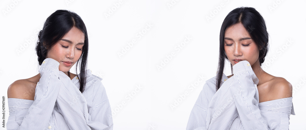 Fashion Young thin Asian Woman Tan skin eyes brown long straight black hair beautiful make up fashion white shirt posing attractive glam look. Studio Lighting white isolated Background, copy space 360 Fashion Young thin Asian Woman Tan skin eyes brown long straight black hair beautiful make up fashion white shirt posing attractive glam look. Studio Lighting white isolated Background, copy space 360