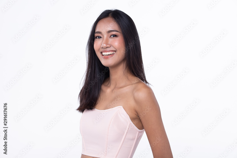 Fashion Young thin Asian Woman Tan skin eyes brown long straight black hair  beautiful make up fashion pink closet posing attractive glam look. Studio  Lighting white isolated Background, copy space Photos