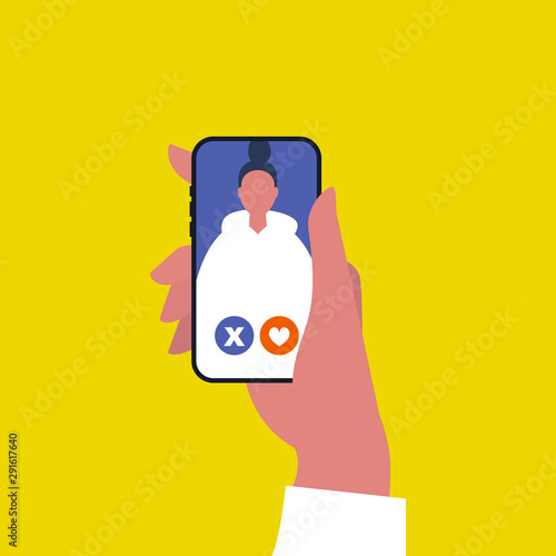 Dating app. Swipe left or right. Find a partner. Online digital service. A portrait of young female character. Millennial lifestyle. Flat editable vector illustration, clip art