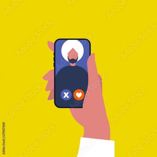 Dating app. Swipe left or right. Find a partner. Online digital service. A portrait of young indian male character. Millennial lifestyle. Flat editable vector illustration, clip art