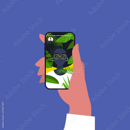 Social media content. Travel. Tropical plants. A portrait of young black female character on vacation. Flat editable vector illustration, clip art