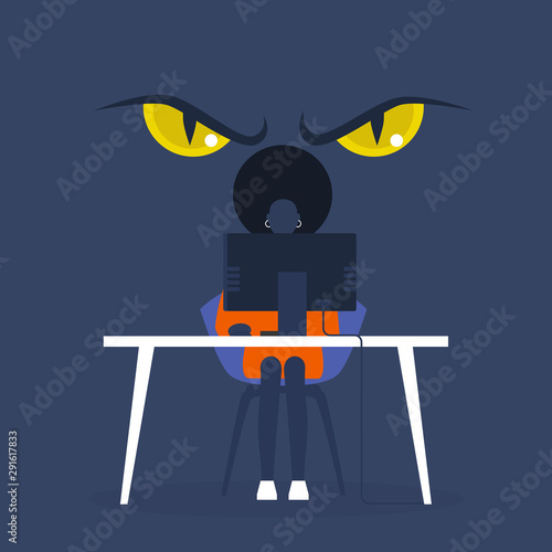 Cyber security. Virus. Data stealing. Big scary yellow eyes behind the character's back. Safety. Technologies. Danger. Young black woman sitting at the computer