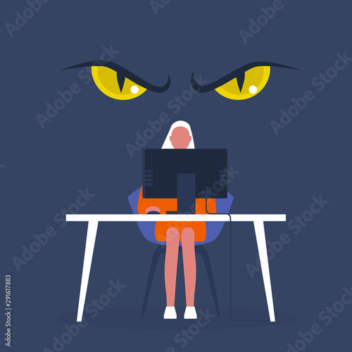 Cyber security. Virus. Data stealing. Big scary yellow eyes behind the character's back. Safety. Technologies. Danger. Young woman sitting at the computer
