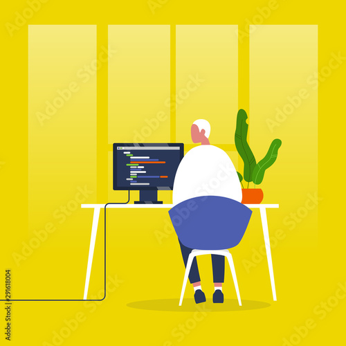 Web development. Young male character writing a code on a desktop computer. Modern technologies. Tech industry. Startup. Flat editable vector illustration, clip art