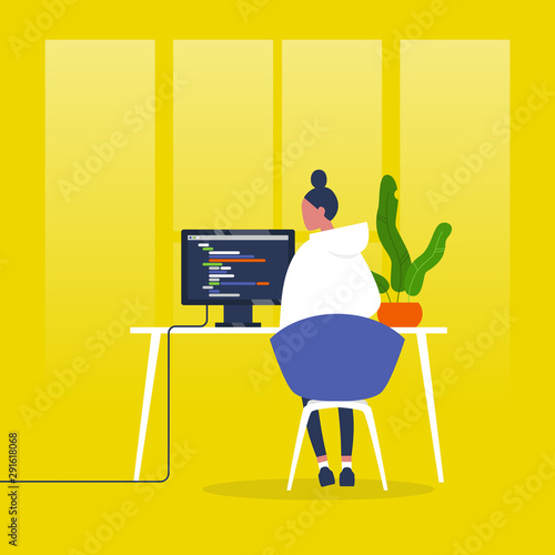 Web development. Young female character writing a code on a desktop computer. Modern technologies. Tech industry. Startup. Flat editable vector illustration, clip art