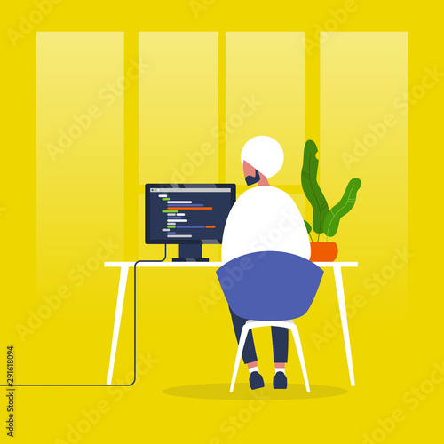 Web development. Young indian male character writing a code on a desktop computer. Modern technologies. Tech industry. Startup. Flat editable vector illustration, clip art