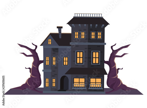 halloween dark haunted mansion with tree plant