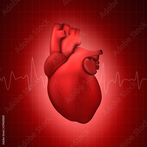 Vector 3d Realistic Glowing Health Heart Model with a Pulse Line Closeup on Red Lined Checkered Medical Background . Design Template of Human Organ Anatomy, Medical Concept. Front View