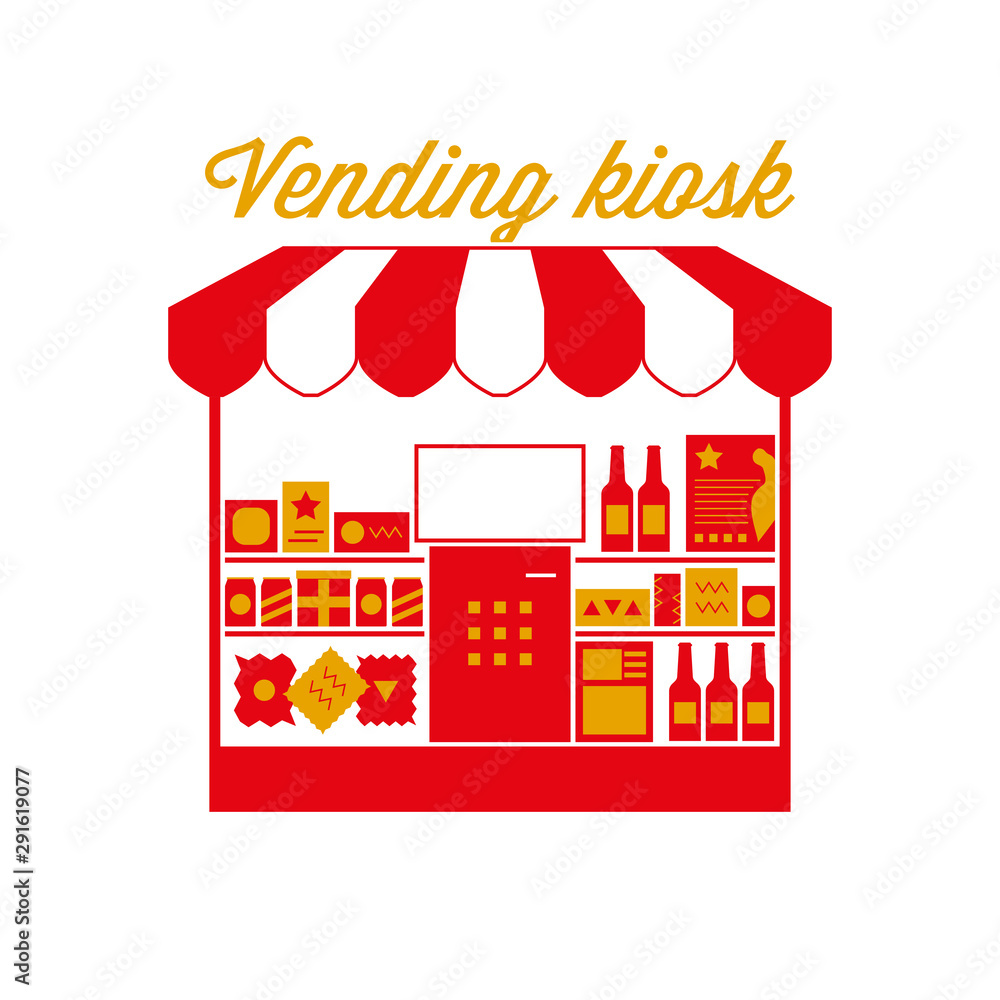 Vending Kiosk Sign, Emblem. Red and White Striped Awning Tent. Vector Illustration