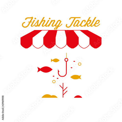 Fishing Tackle Shop Sign, Emblem. Red and White Striped Awning Tent. Vector Illustration