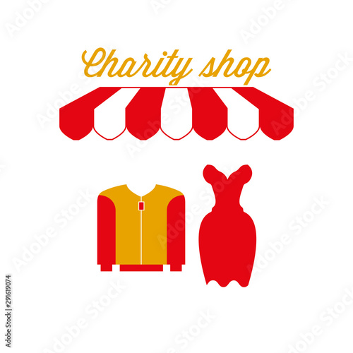 Charity Shop Sign, Emblem. Red and White Striped Awning Tent. Vector Illustration