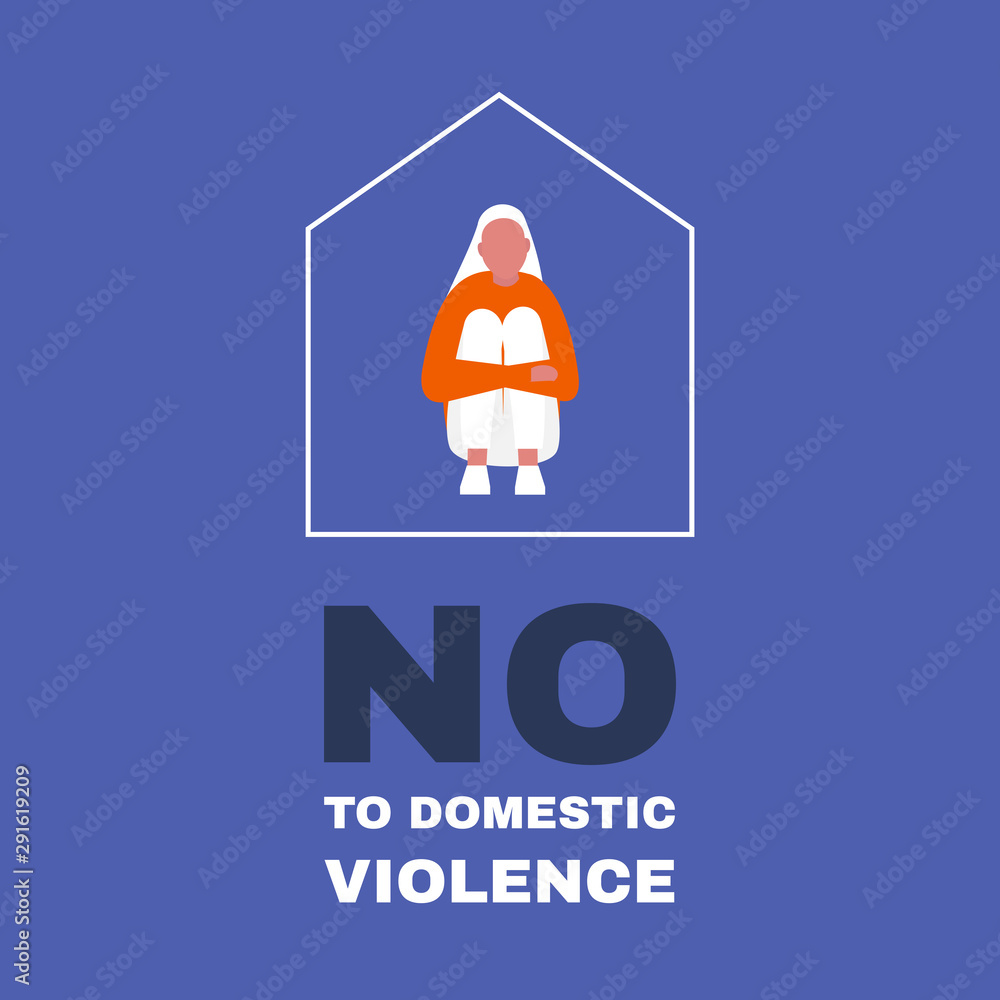 A female victim of domestic violence sitting inside a house shape. Protest. Stop. Social issues. Flat editable vector illustration, clip art A female victim of domestic violence sitting inside a house shape. Protest. Stop. Social issues. Flat editable vector illustration, clip art