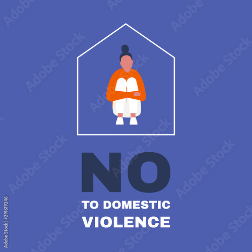 A female victim of domestic violence sitting inside a house shape. Protest. Stop. Social issues. Flat editable vector illustration, clip art
