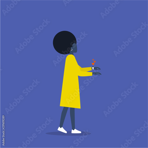Addicted to social media. Likes. Young black female character wearing smart watch. Zombie walk. Conceptual illustration. Millennial lifestyle