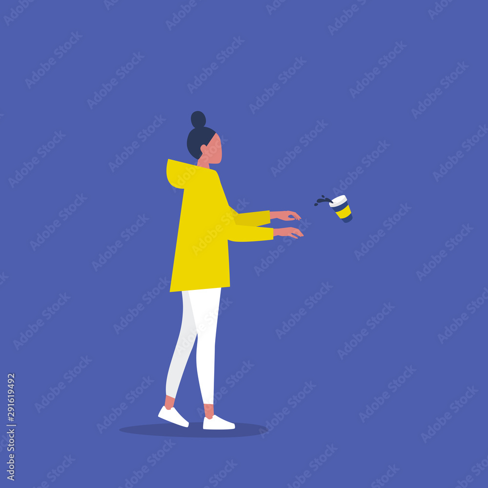 Female Character addicted to coffee. Conceptual illustration. Zombie walk. Take away. Millennial lifestyle. Flat editable vector illustration, clip art Female Character addicted to coffee. Conceptual illustration. Zombie walk. Take away. Millennial lifestyle. Flat editable vector illustration, clip art
