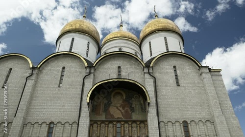 Large Icon on Side of Russian Orthodox Church and Golden Onion Domes - Moscow, Russia