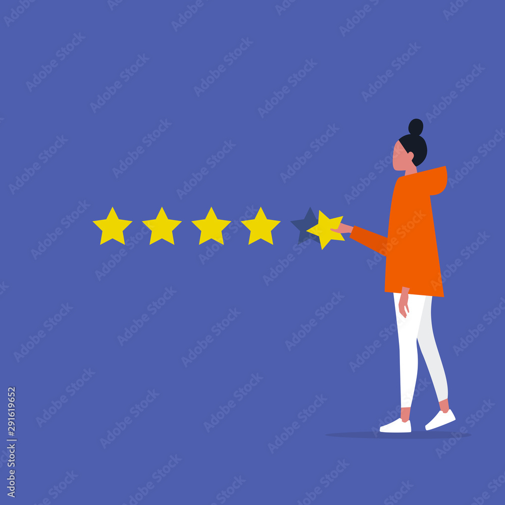 Five star rating. Young female character rates a service. Ranking. Marketing. Customer feedback. Flat editable vector illustration, clip art Five star rating. Young female character rates a service. Ranking. Marketing. Customer feedback. Flat editable vector illustration, clip art
