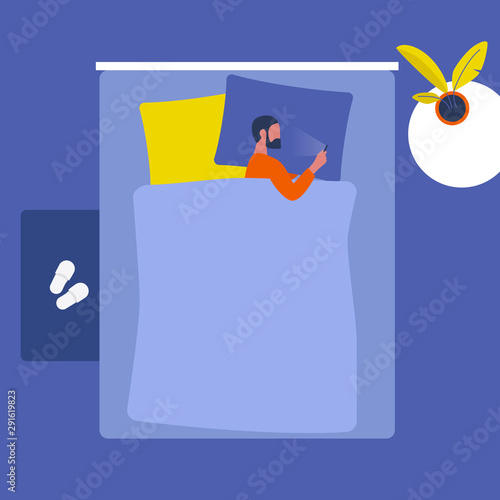 Young indian male character lying with a smartphone in bed . Social media. Millennials. Insomnia. Top view. Interior design. Flat editable vector illustration, clip art